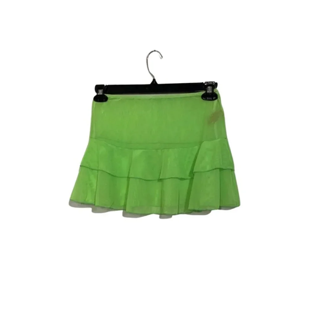 Zuliana Y2K Neon Green Ruffle Micro Mini Skirt Sheer Tiered Festival Rave Size M